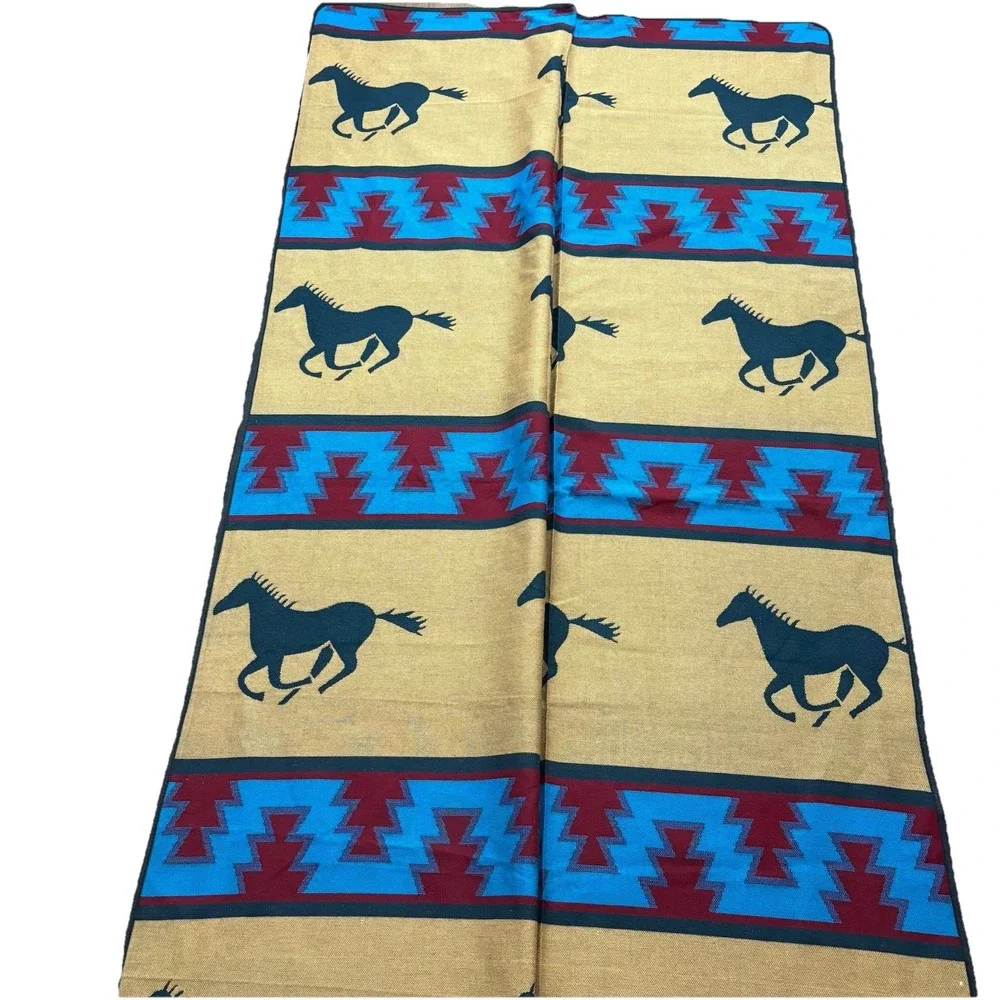 Wool Running Horses Native Style Blanket Teal Gold Reversible Casino Exclu 90x92